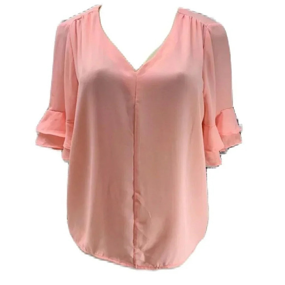 Catherine Malandrino S Coral Blush Sheer V-Neck Short Layer Ruffle Sleeve Blouse - Picture 2 of 6